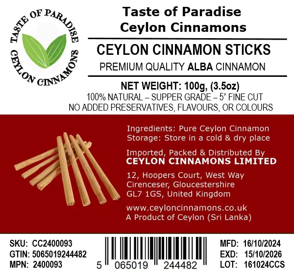 Alba Supper Grade Ceylon Cinnamon Sticks - 5" fine cut, 100g (3.5oz) - True Cinnamon