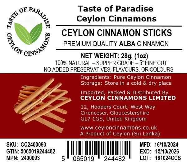 Alba Supper Grade Ceylon Cinnamon Sticks - 5" fine cut, 28g (1 oz) - True Cinnamon, 100% Natural, Organic, Pure Cinnamon, Premium Grade