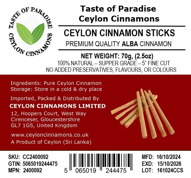 Alba Supper Grade Ceylon Cinnamon Sticks - 5" fine cut, 70g (2.5oz) - True Cinnamon, 100% Natural, Organic, Pure Cinnamon, Premium Grade