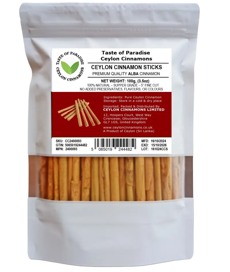 Alba Supper Grade Ceylon Cinnamon Sticks - 5" fine cut, 100g (3.5oz) - True Cinnamon, 100% Natural, Organic, Pure Cinnamon, Premium Grade