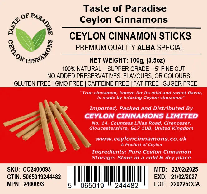 Alba Supper Grade Ceylon Cinnamon Sticks - 5" fine cut, 100g (3.5oz) - True Cinnamon,  100% Natural, Organic, Pure Cinnamon, Premium Grade