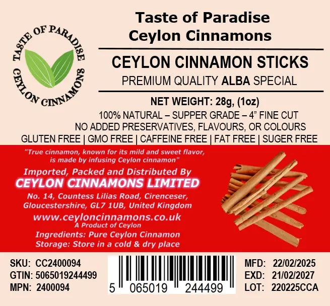 Alba Supper Grade Ceylon Cinnamon Sticks - 5" fine cut, 28g (1 oz) - True Cinnamon,  100% Natural, Organic, Pure Cinnamon, Premium Grade, UK Seller