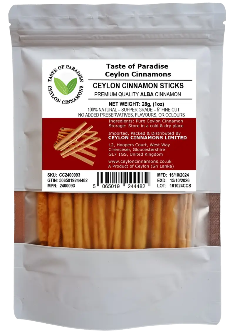 Alba Supper Grade Ceylon Cinnamon Sticks - 5" fine cut, 28g (1 oz) - True Cinnamon, 100% Natural, Organic, Pure Cinnamon, Premium Grade