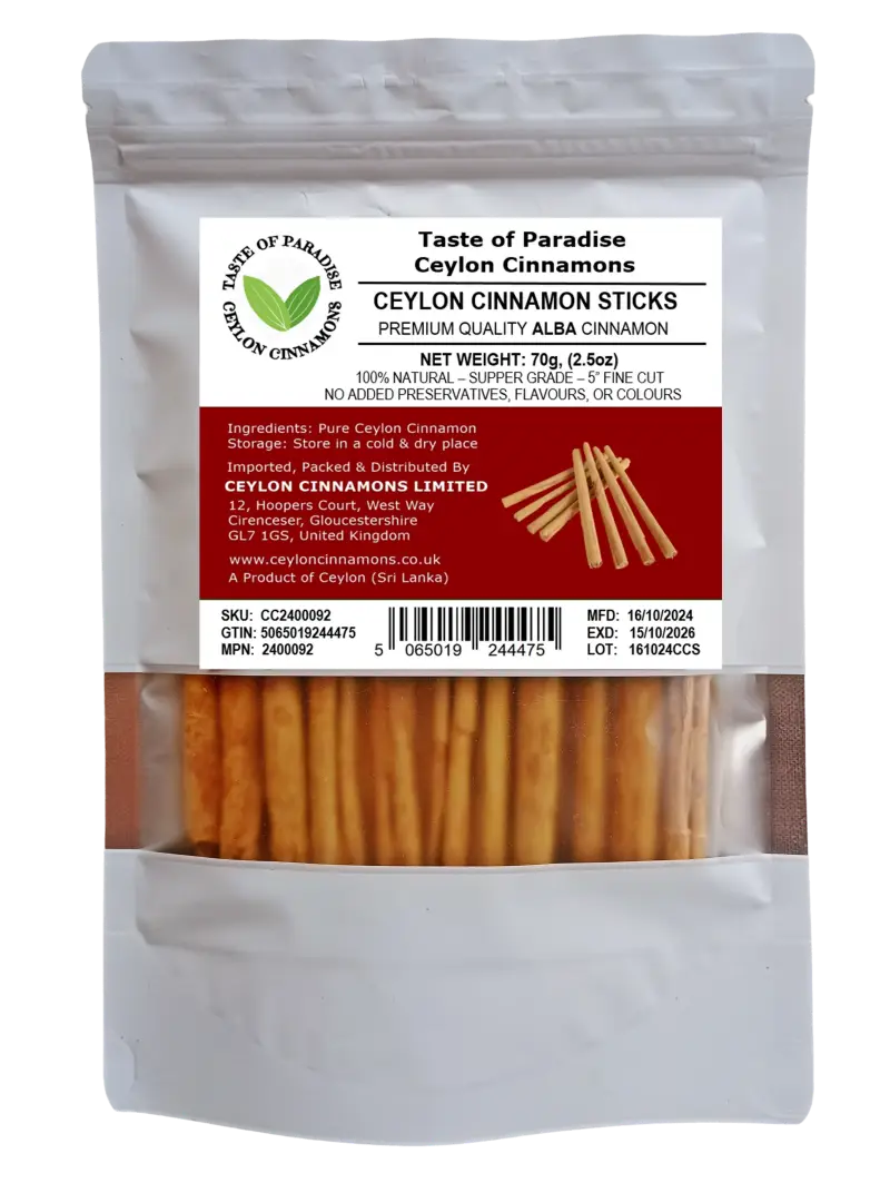 Alba Supper Grade Ceylon Cinnamon Sticks - 5" fine cut, 70g (2.5oz) - True Cinnamon, 100% Natural, Organic, Pure Cinnamon, Premium Grade