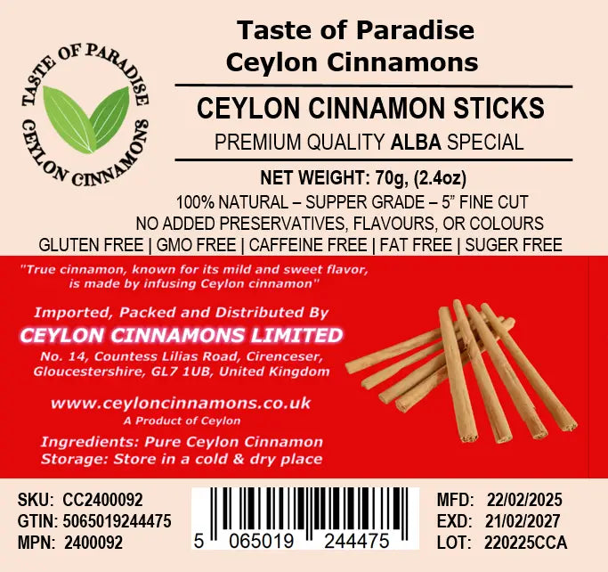 Alba Supper Grade Ceylon Cinnamon Sticks - 5" fine cut, 70g (2.5oz) - True Cinnamon,  100% Natural, Organic, Pure Cinnamon, Premium Grade, UK Seller