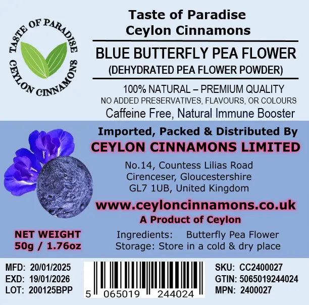 Blue Butterfly Pea Flower Powder 50g, Natural Food Colours, (The Green Sepals are Removed), 100% Natural, Premium Quality