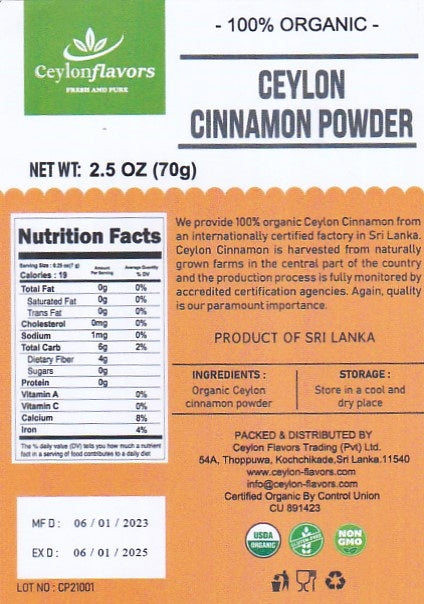 Ceylon Cinnamon Powder 70g (2.5oz) - USDA Certified, 100% Organic, Premium Grade, UK Seller