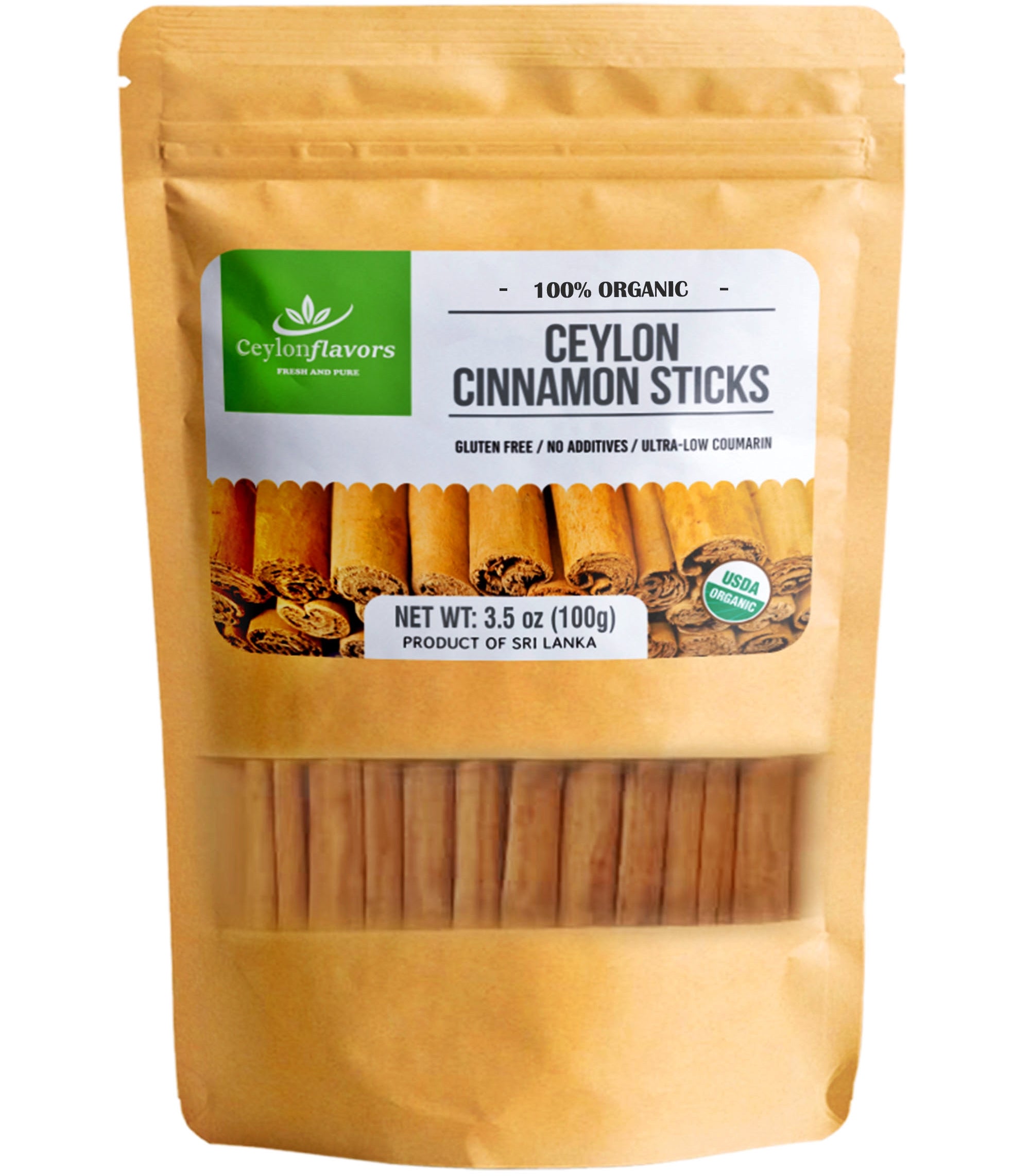 Ceylon Cinnamon Sticks - 3" fine cut, 100g (3.5oz) - C5 Premium Special Grade - Pure/True Cinnamon - USDA Certified 100% Organic