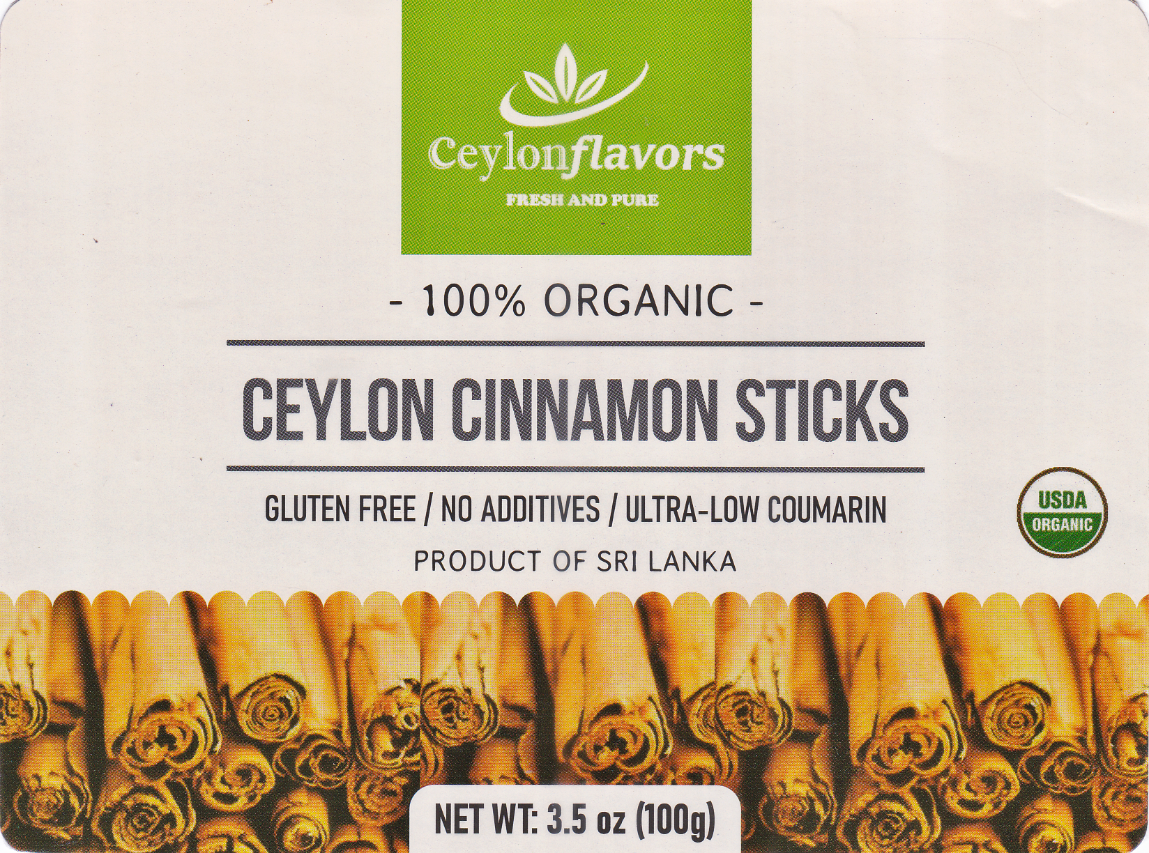 Ceylon Cinnamon Sticks - 3" fine cut, 100g (3.5oz) - C5 Premium Special Grade - Pure/True Cinnamon - USDA Certified 100% Organic