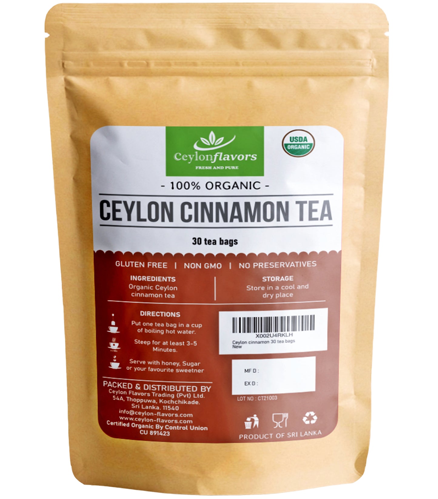 Ceylon Cinnamon Tea, pack of 30 tea bags, 150g, 100% Organic, USDA Certified, Premium Grade, UK Seller, Free Shipping in UK