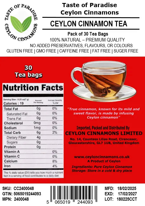 Ceylon Cinnamon Tea, pack of 30 tea bags, 150g, 100% Organic, USDA Certified, Premium Grade, UK Seller