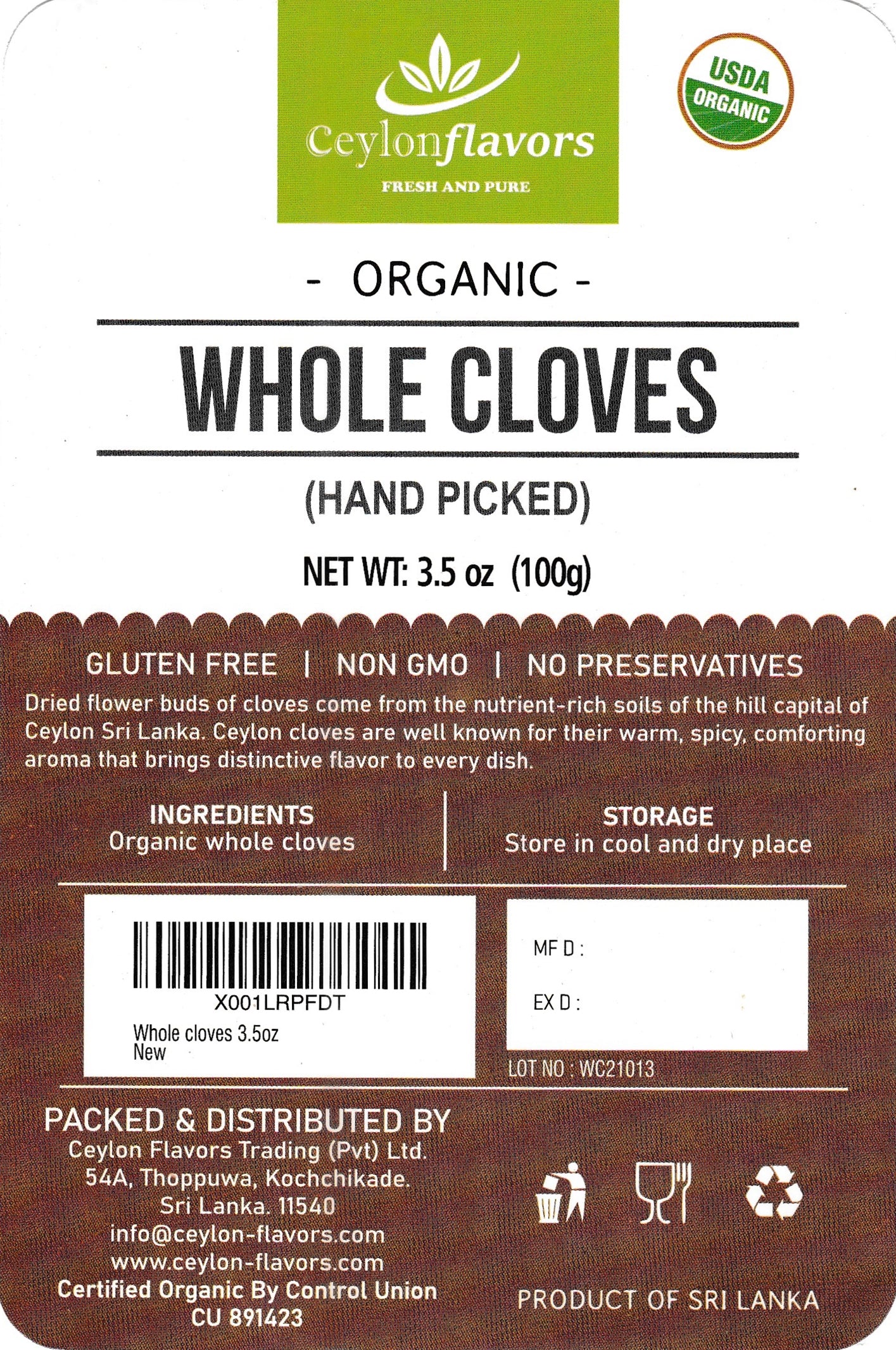 Cloves Whole | 100g | 3.5oz | Premium Quality | 100% Organic | Sun Dried | Hand Picked | Product of Ceylon | Gluten Free | Non GMO | No Additives | No Preservatives |