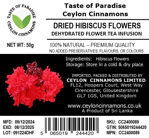 Hibiscus Flower Loose Tea, 50g, Whole Flower Dehydrated, Best for Infusions, Hibiscus Iced Tea, Cocktail, Mocktail, & Syrups, Premium Quality 100% Natural Flowers Loose Leaf Herbal Tea.