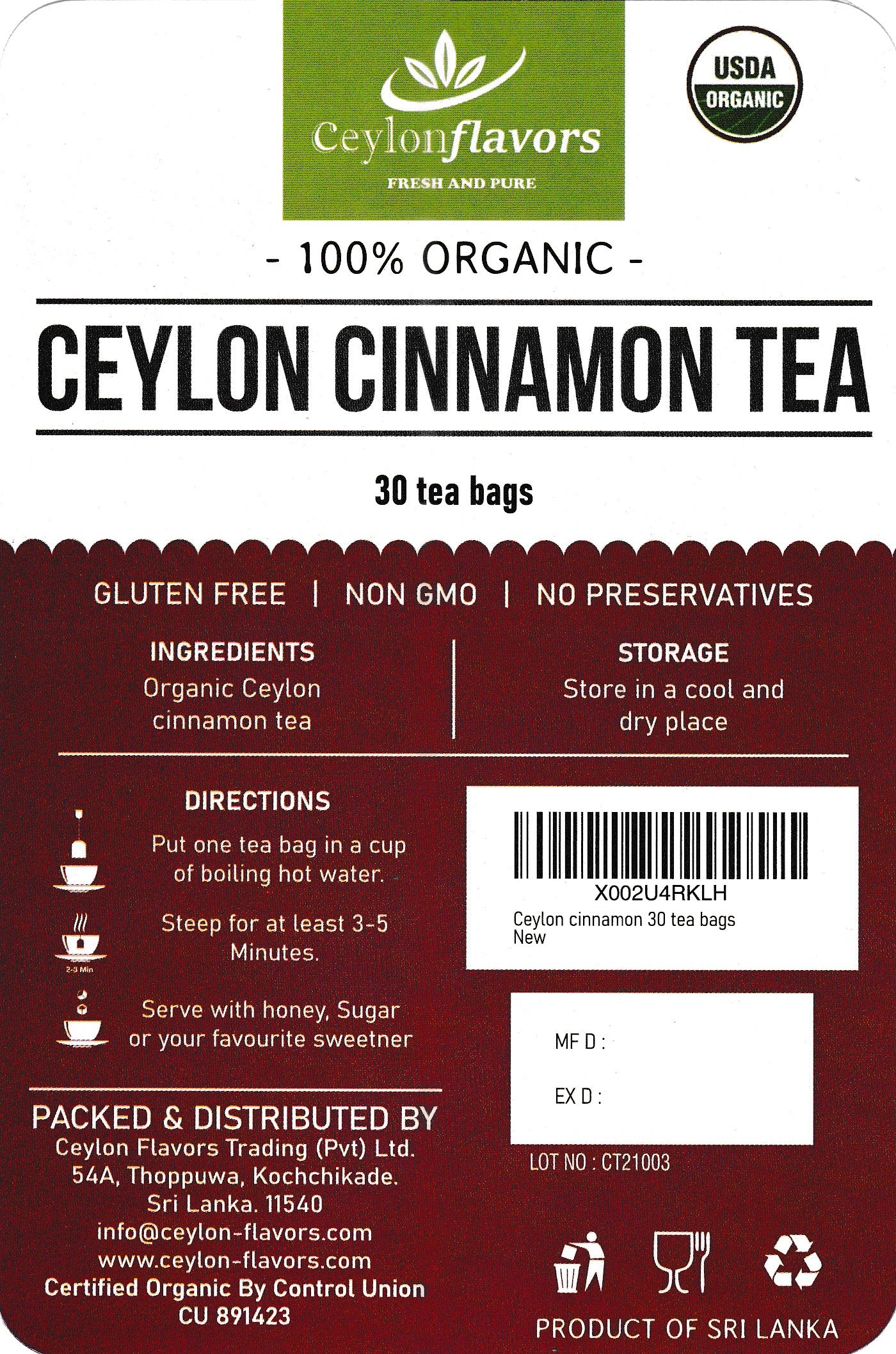 Ceylon Cinnamon Tea, pack of 30 tea bags, 150g, 100% Organic, USDA Certified, Premium Grade, UK Seller