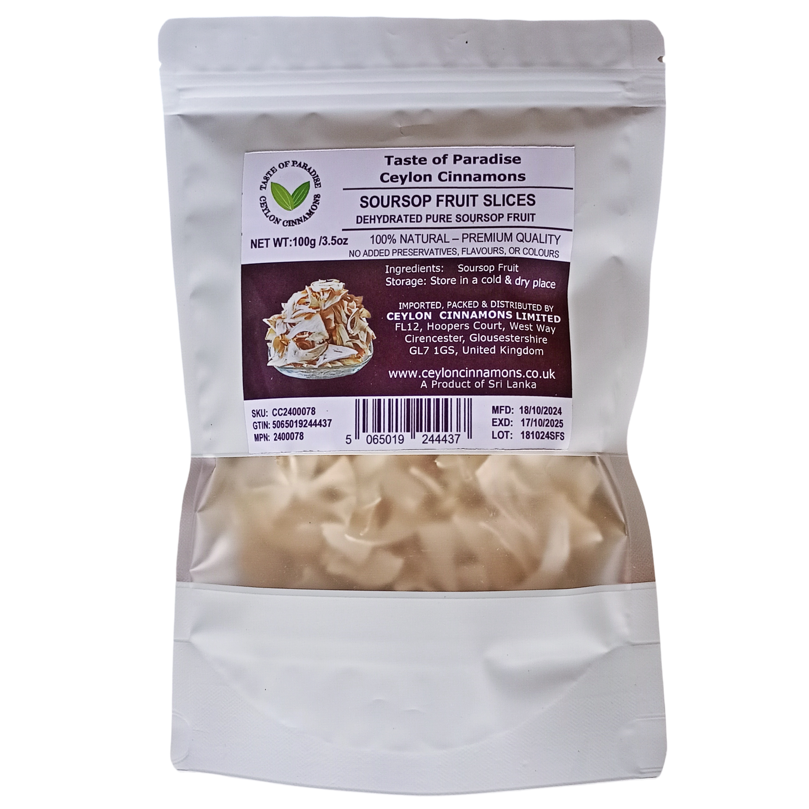 Soursop Fruit Slices, 100g, in Resealable Pouch, Dehydrated 100% Pure & Natural, Grade A Healthy Tasty Fruit Powder