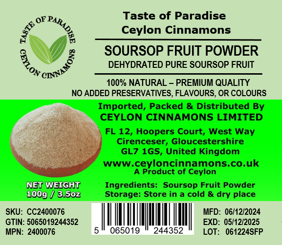 Soursop Fruit Powder, 100g, in Resealable Pouch, Dehydrated 100% Pure & Natural, Grade A Healthy Tasty Fruit Powder