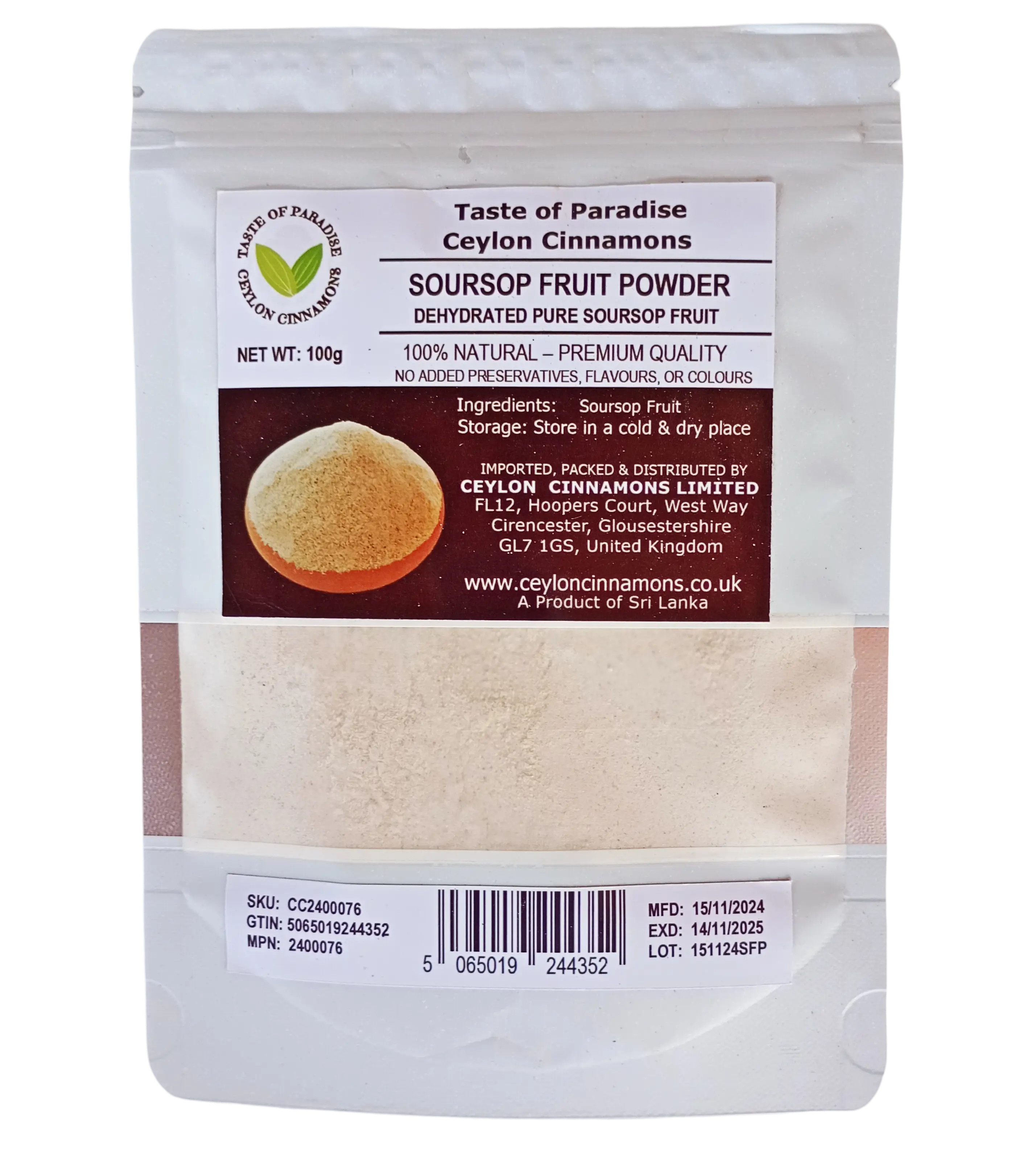 Soursop Fruit Powder, 100g, in Resealable Pouch, Dehydrated 100% Pure & Natural, Grade A Healthy Tasty Fruit Powder