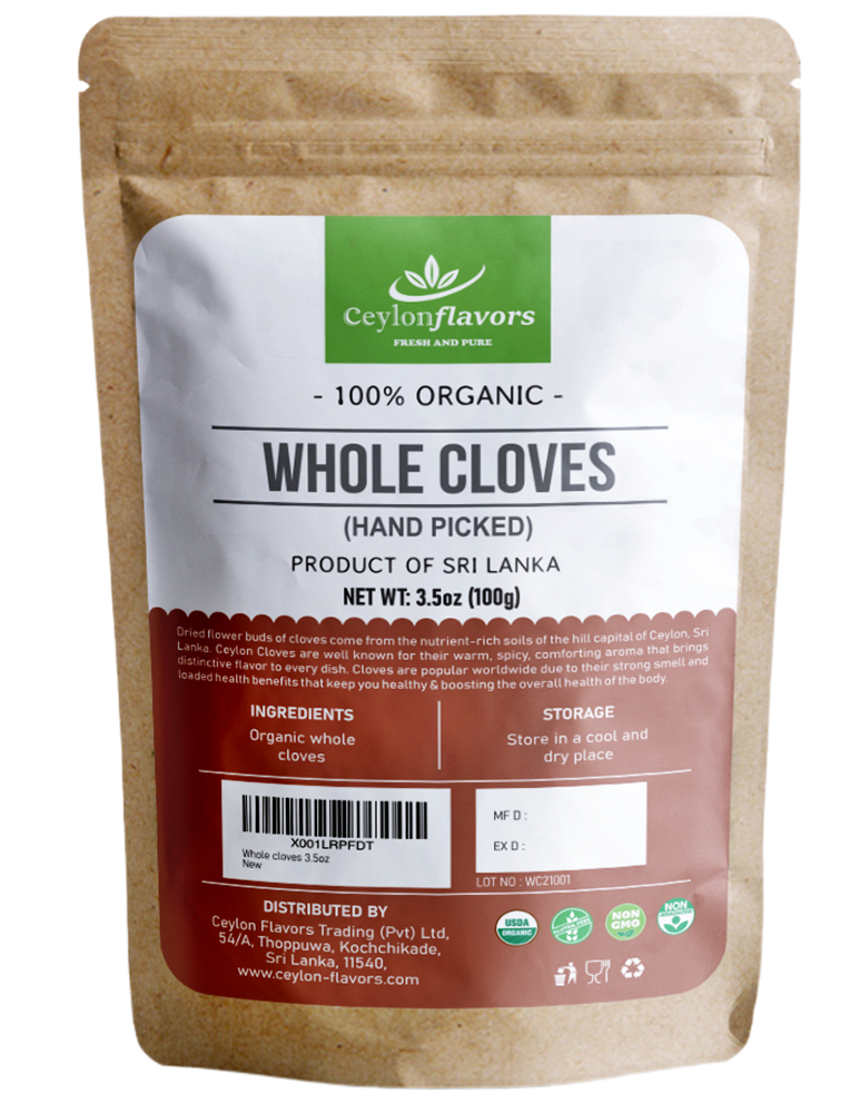 Cloves Whole | 100g | 3.5oz | Premium Quality | 100% Organic | Sun Dried | Hand Picked | Product of Ceylon | Gluten Free | Non GMO | No Additives | No Preservatives |