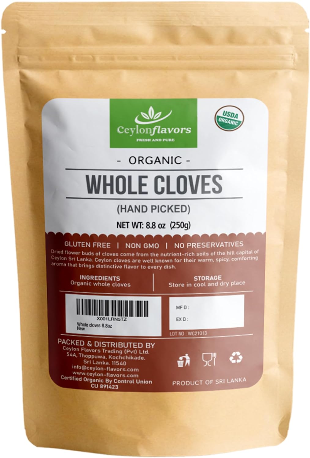 Cloves Whole | 250g | 8.8oz | Premium Quality | 100% Organic | Sun Dried | Hand Picked | Product of Ceylon | Gluten Free | Non GMO | No Additives | No Preservatives |